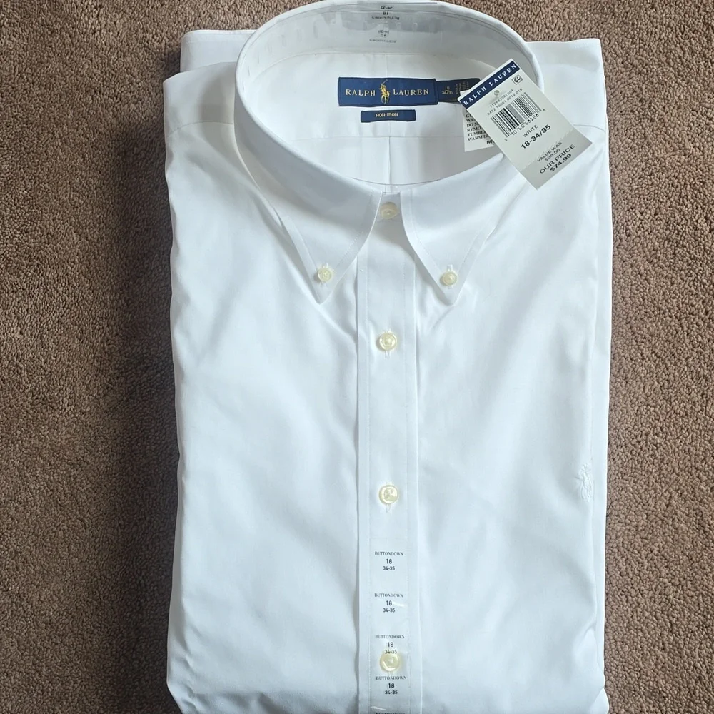 Ralph Laurn, Non-iron, 18-34/35 White Button Down Mens Shirt - Picture 1 of 5